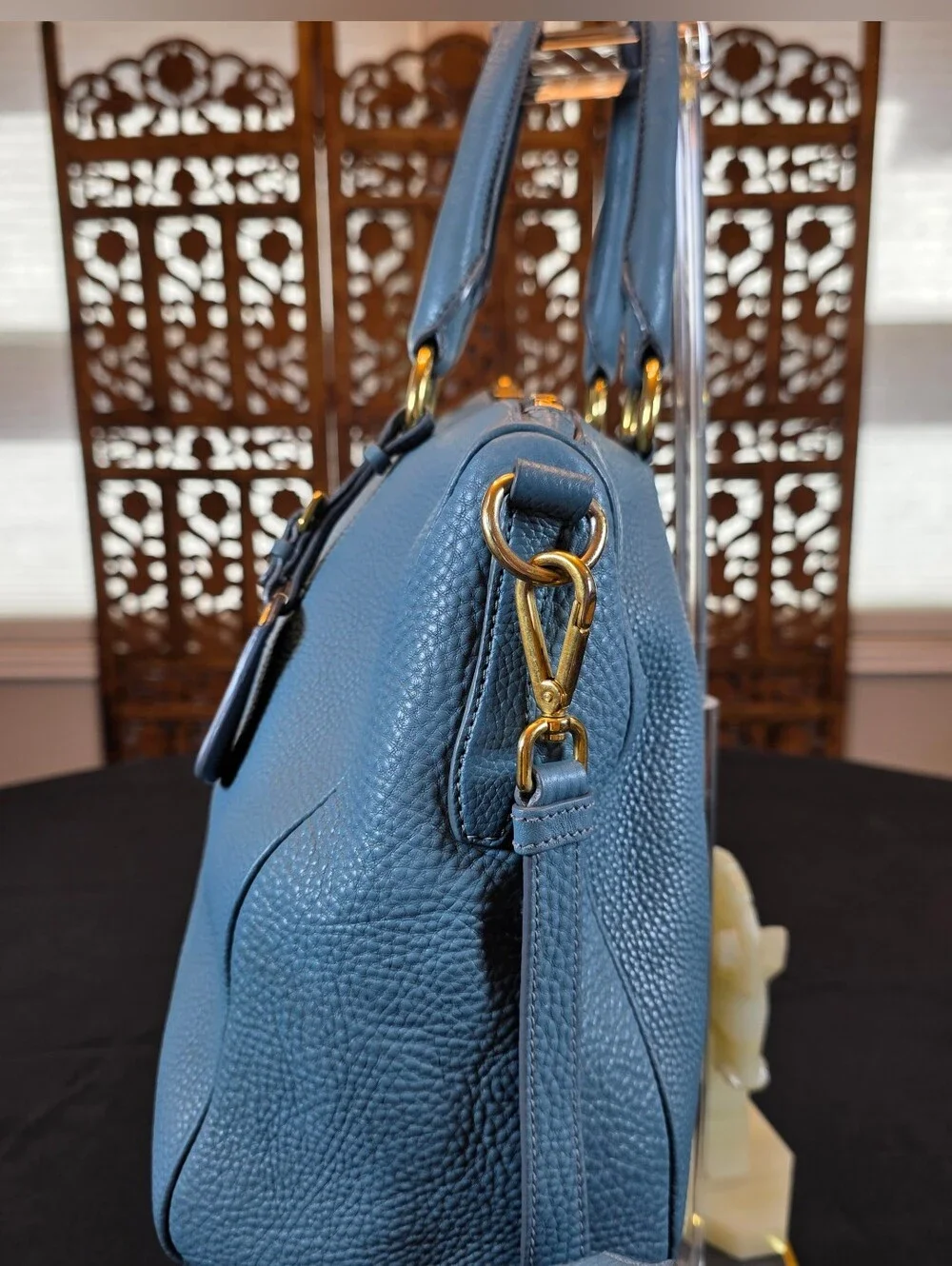 Authentic Prada Vitello Daino Blue Leather Top Handle Handbag  Comes w COA